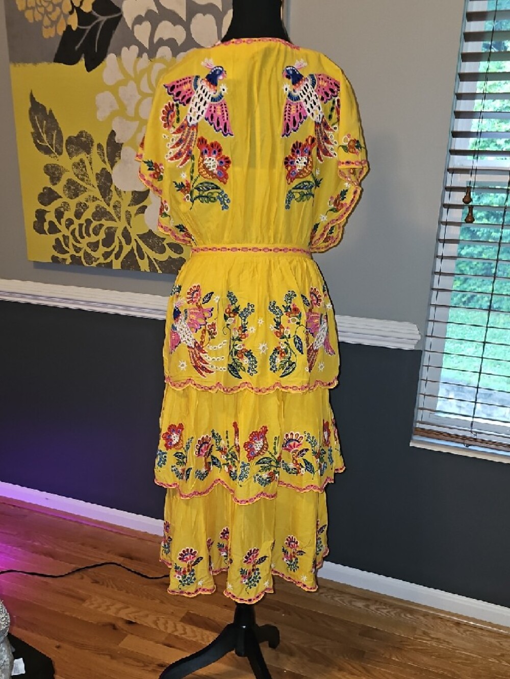 FARM Rio TWO PIECE Marigold Yellow Embroidered V-Neck Tiered Maxi Dress Sz M - Picture 3 of 7